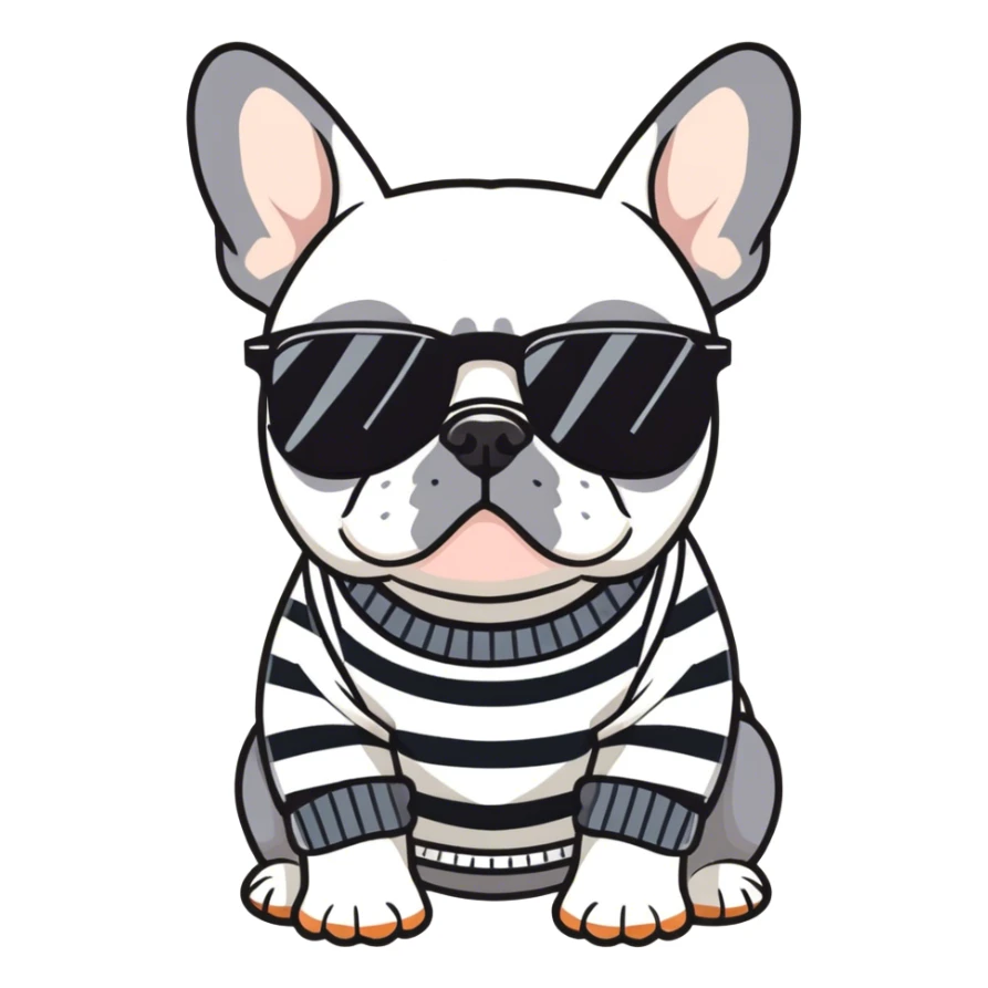 Bulldog francés negro con suéter de rallas blancas y rocas con lentes de sol sticker