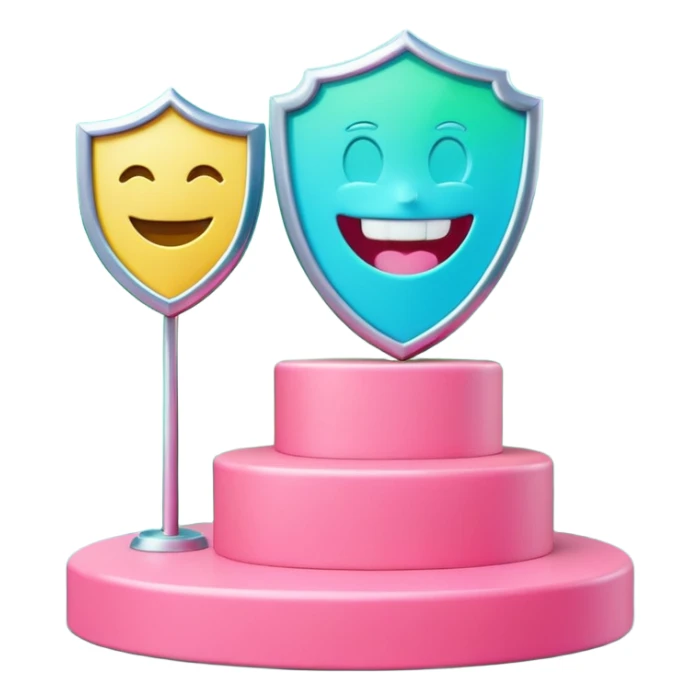 Minimalist 3D emoji-style podium with 2 steps on a green chroma key background. Step 1 (higher) features a handshake icon with blue neon glow. Step 2 (lower) features a smiling tooth with a shield icon and pink neon glow. Clean rendering, soft colors, uniform lighting. sticker
