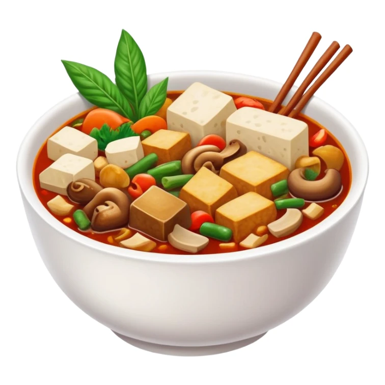 Chengdu Maocai spicy assorted ingredients in bowl, simplified emoji style with bold outlines and bright colors, cartoon style Sichuan street stew sticker