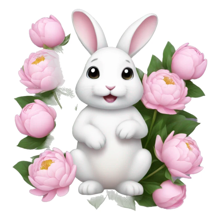 cute white bunny holding light pink peonies sticker
