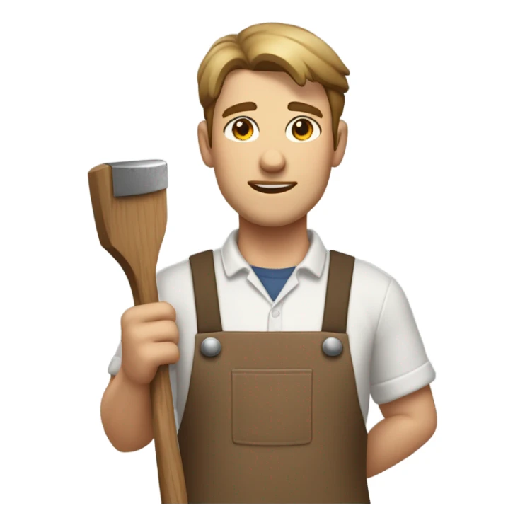 "A sturdy man with rough hands, short light brown hair, and a friendly, naive expression. He wears a work apron over simple clothes and holds a hammer or wood in a rustic workshop." sticker