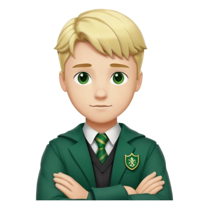 Blonde male student wearing Slytherin uniform with arms crossed sticker