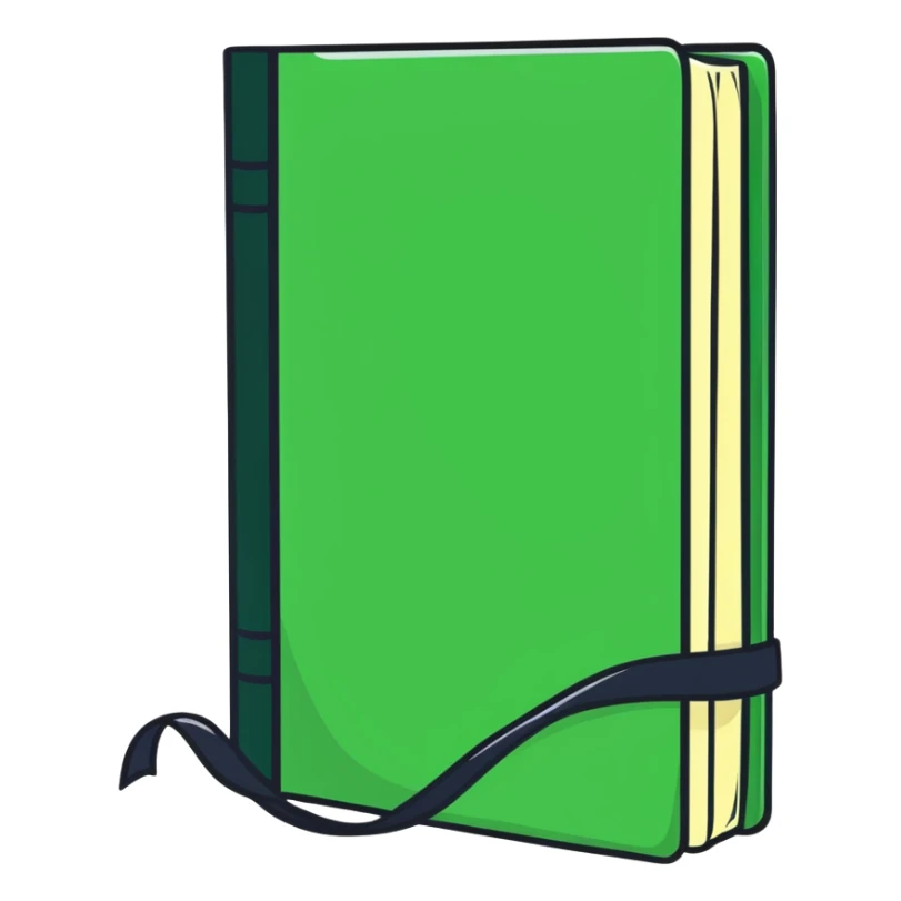 open red hardcover book with green ribbon bookmark sticker