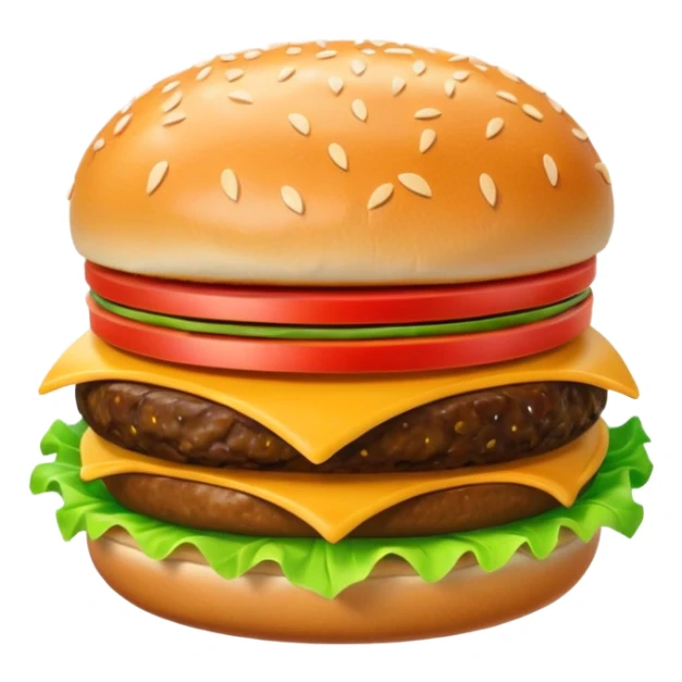A 3D cartoon cheeseburger with lettuce, tomato, and sesame bun, soft texture, realistic Memoji-style rendering. sticker