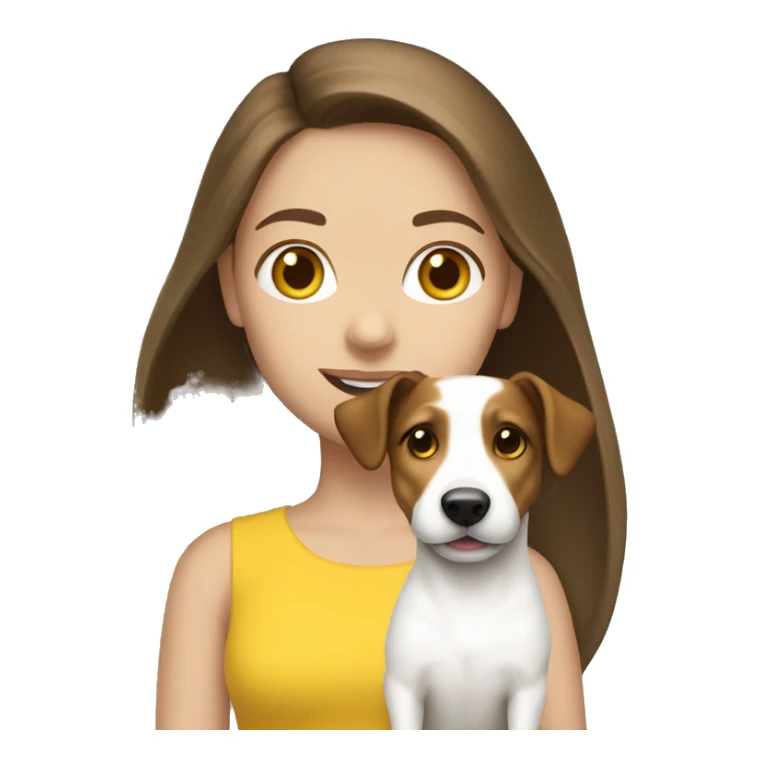 Brunette Long haired white girl wearing yellow top with jack russell sticker
