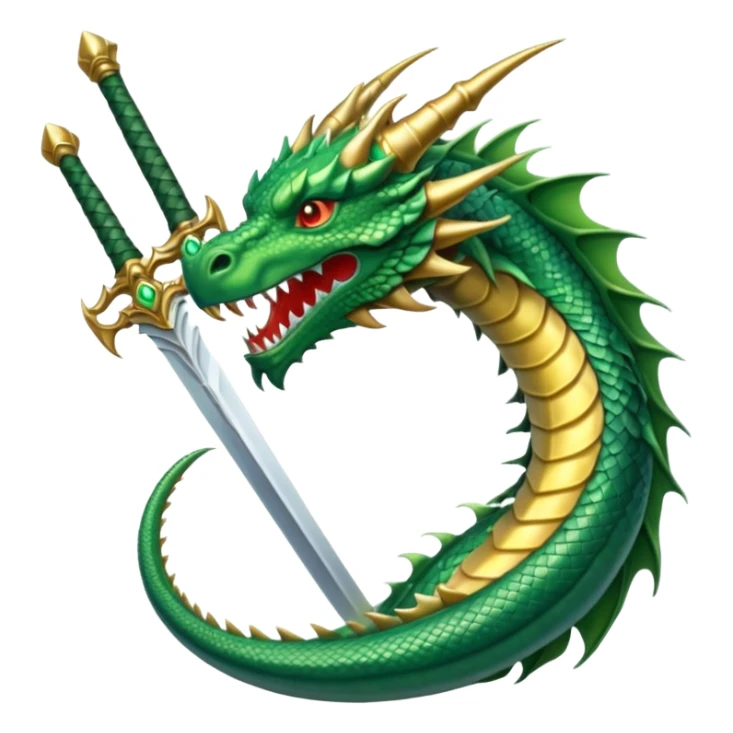 massive sword and green dragon head, clean and bold, WhatsApp emoji style, transparent background, evoking the spirit of facing a challenge sticker