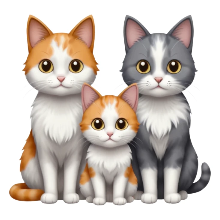 3 different coloured small cats including a dark grey and white, and a patchy calico and a solid grey with only white paws sticker
