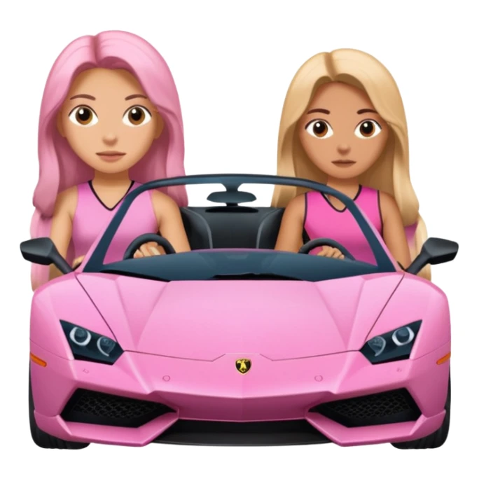 Make car far away so I can see full car Car facing forward in sports car. Make hair long  two girls in car far away Front of car sitting in the seats. Make it a pink sports car. They are two baddies make it a Lamborghini pink car  sticker