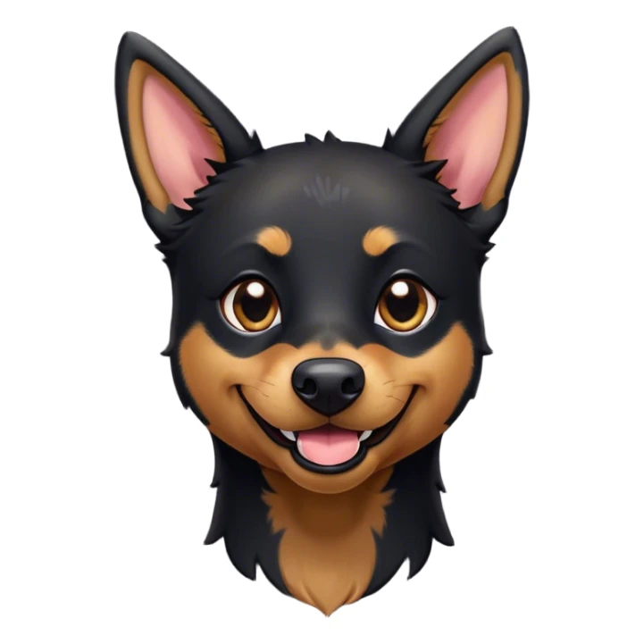 Cinematic Comical Black and Tan Kelpie Portrait Emoji, Head tilted dramatically with an exaggeratedly amused expression, featuring a striking black Fur with bold tan patches, wide, expressive dark eyes filled with playful disbelief, Simplified yet hilariously expressive features, highly detailed, glowing with a slightly sassy glow, high shine, dramatic yet playful, stylized with an air of cheeky mischief, bright and endearing, soft glowing outline, capturing the essence of a spirited and over-the-top herder, so meme-worthy it feels like it could side-eye its way into internet fame instantly! sticker