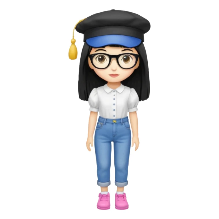 A yellow-skinned girl with long straight black hair, flat bangs, black frame glasses, a white puffy sleeve doll shirt, blue spacious jeans and pink shoes, and a black painter's hat，no yellow spikes. sticker