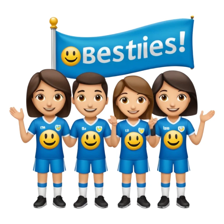 Make 5 decent characters include 4 girls and 1 boy and mentioned there names on there jersey ist husna, tuba, maleeha,alishba and boy Talha also smiley.creat a sign board and a besties off UOM and the  sign board takes by boy in his hand sticker