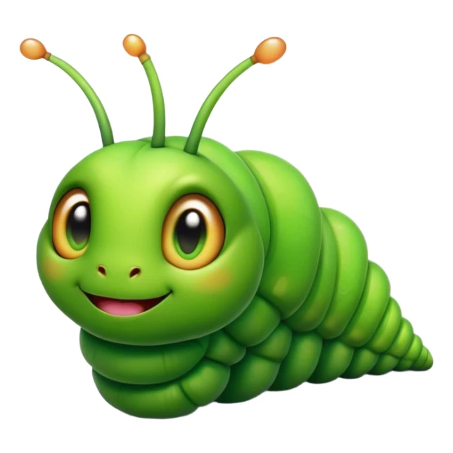 Cinematic Realistic Cute Caterpillar Portrait Emoji, Head tilted playfully and inquisitively, featuring a compact, segmented body in bright, vibrant green with delicate, inviting textures and a charming, rounded face with sparkling eyes full of curiosity, rendered with lifelike detail and natural highlights, high shine, affectionate and spirited, styled with a touch of garden whimsy, soft glowing outline, capturing the essence of a mischievous yet lovable caterpillar that seems poised to crawl cheerfully into your arms! sticker