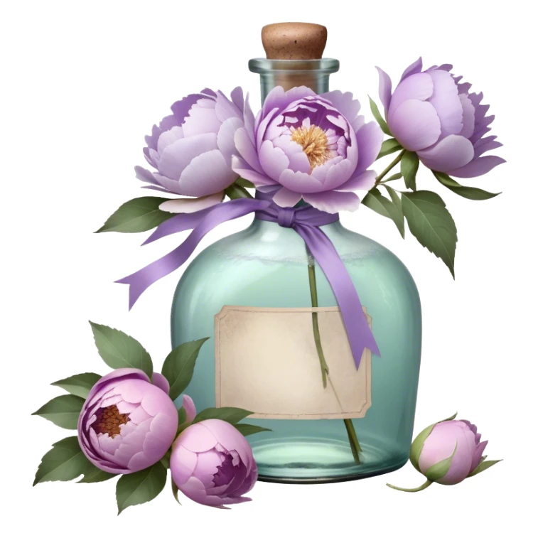 "An antique glass bottle, its surface weathered by time, cradles a loose arrangement of pastel purple peonies with petals as soft as whispered secrets. A hand-dyed silk ribbon in muted lilac cascades down the neck of the bottle, its frayed edges telling a story of elegance and age. Sunlight streams through the glass, casting delicate, shifting silhouettes of petals onto the embroidered lace below, as if nature itself had painted a moment of quiet grace."






 sticker