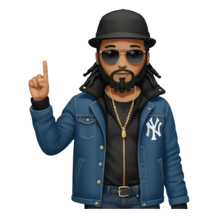 African American man with shoulder length black dreadlocks and black beard with black sunglasses wearing a black bubble winter coat with denim skinny jeans and timberland boots and a black New York Yankees baseball hat pointing finger sticker