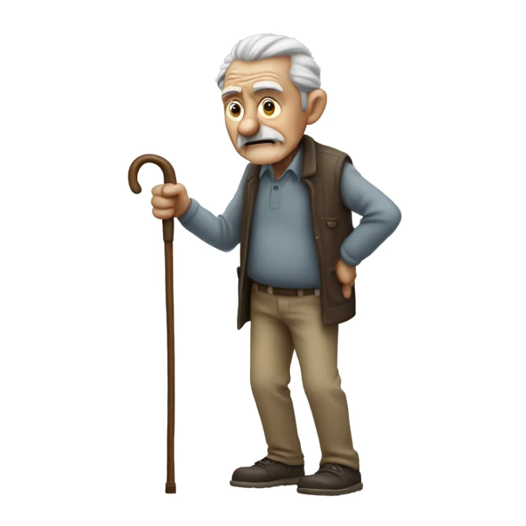Old man leaning on a walking cane and holding his back with his hand grumpy face, detailed sticker