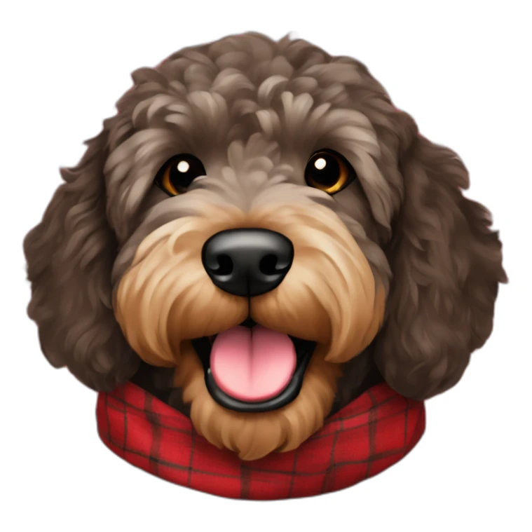 Black Chocolate brown colored golden doodle with a red and black flannel hankerchief sticker