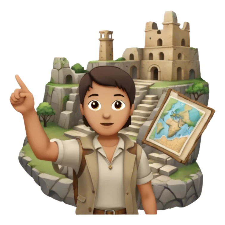 Icon for Documentary Film: A traveler in casual clothing standing and pointing towards ancient ruins, explaining history. The scene should evoke a sense of exploration, with the traveler holding a map or scroll. Include crumbling stones and historical artifacts. Transparent background. sticker