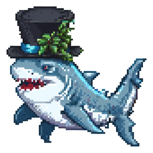 pixel art shark with a black tophat, side view sticker