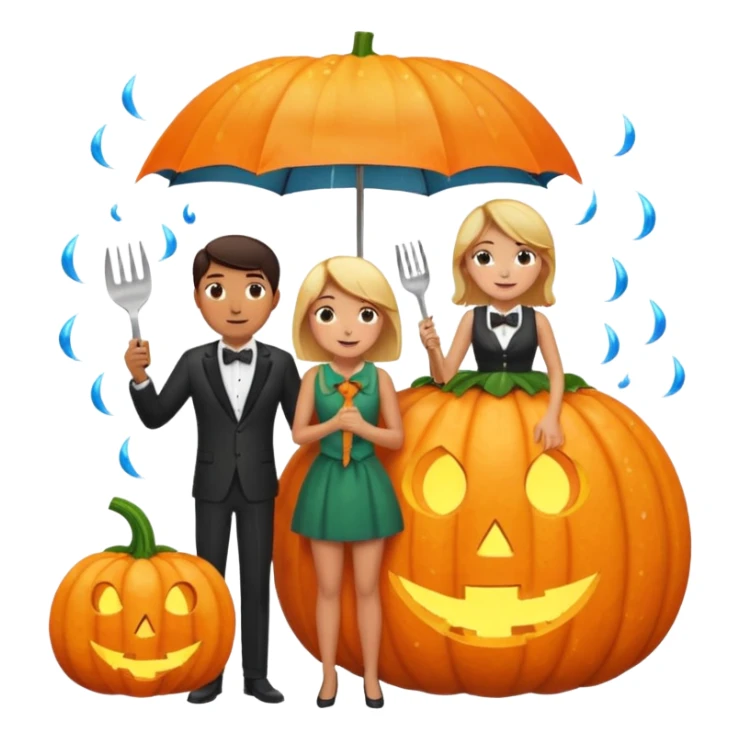 Make a guy hugging a giant pumpkin with a fork in his right hand while there's fire while there's a lady watching while it's raining while there's an umbrella on the ground that's alive and the sun has a bow tie on his neck sticker