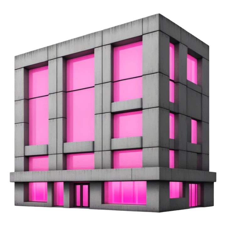 Brutalist concrete building with pink glowing window, minimalist style sticker