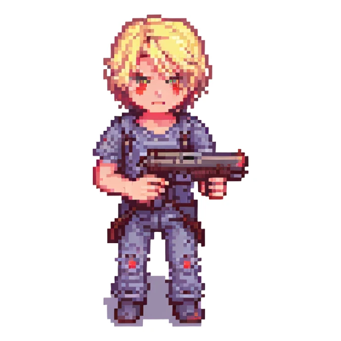 blonde boy with red glowing eyes holding a gun, pixel art style sticker