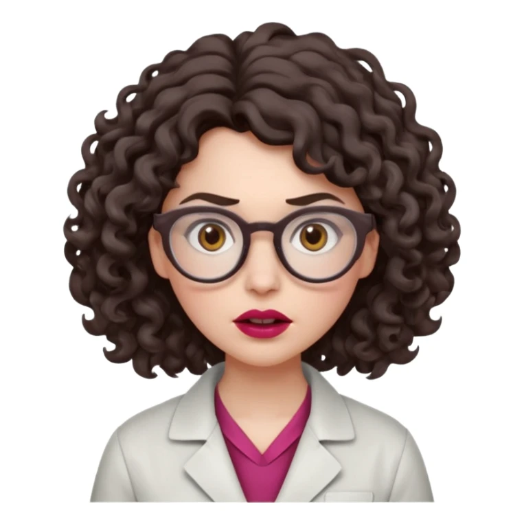 A crazy female scientist, with curly-wavy dark brown medium lenght hair, brown eyes and light grey glasses and pale skin and pinkish lips, dressed to look like an english teacher but in neutral tones like grey black white, maybe with the pop of dark red, with no girly colors, she should look mad sticker