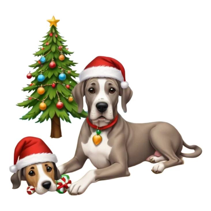 Black (no white) cropped Great Dane laying on a tropical beach with a Christmas tree and dog bones under the tree sticker