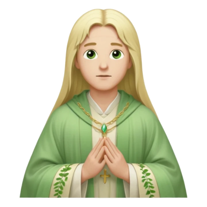 a young bishop, green eyes, long blonde hair, light green wide, flowing outer robe. hands clasped together, gazing thoughtfully. Soft light, subtle fern. Waist-up, profile. sticker