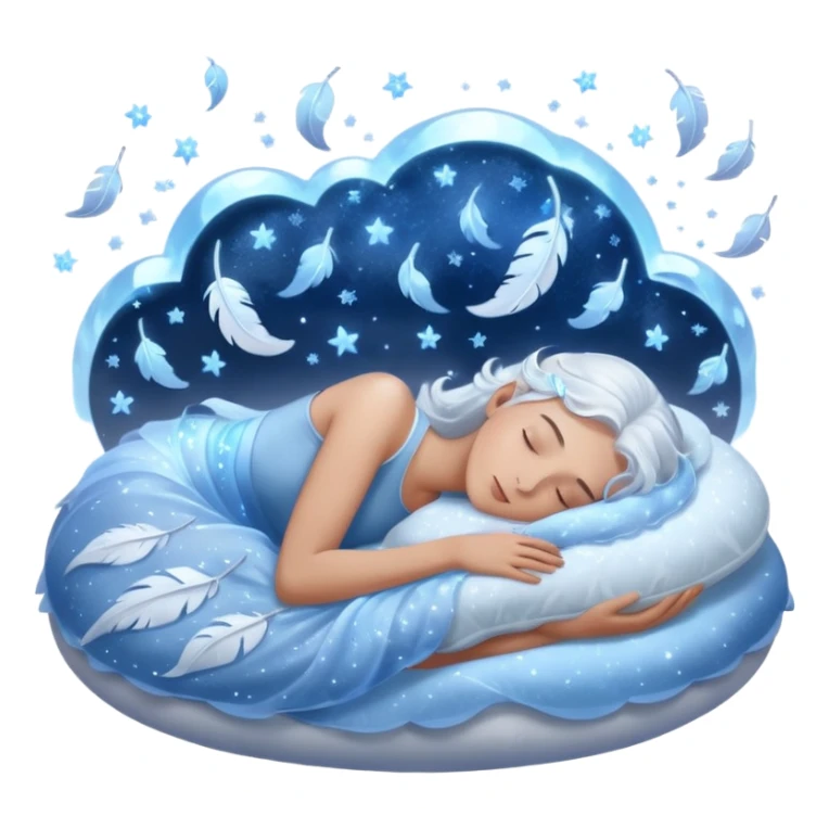 magical ethereal pillow glowing with icy blue and silver light, surrounded by floating feathers and sparkling mist, frosty aura and gentle energy waves cradling a sleeping head, enchanted pain-free sleep under stars sticker