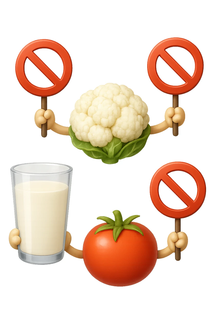 emoji stile iphone di un BICCHIERE DI LATTE CAVOLFIORE E POMODORO CHE FLUTTUANO IN ARIA VERTICALMENTE CON DIVIETI IN MANO, iperrealistico 4k, isolato su sfondo bianco sticker