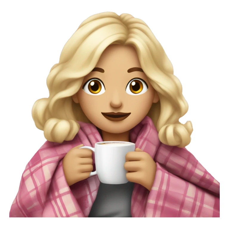 cute blonde girl wrapped in pink plaid blanket drinking coffee sticker
