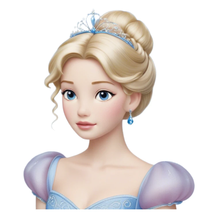 Cinematic Realistic Cinderella Portrait, depicted with lifelike skin texture, subtle rosy undertones, and soft natural lighting that enhances the gentle contours of her face. Her intricately detailed golden blonde hair is elegantly styled in an updo, with delicate wisps framing her face for added realism. Her deep, expressive blue eyes radiate warmth and sincerity, reflecting a quiet resilience and grace. She is dressed in her iconic ball gown, the fabric shimmering with intricate embroidery and fine translucent layers that catch the light beautifully. The soft sheen of satin gloves and the delicate sparkle of a glass-like slipper peeking from beneath her dress add a touch of magical realism. The portrait features an enchanting glow with a natural, luminous finish, seamlessly blending realism and fairytale charm to evoke a sense of depth, elegance, and timeless beauty. sticker