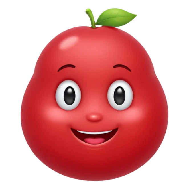 Cute round emoji mascot, shaped like a soft blob or jellybean, with two expressive eyes and a happy or clever smile. Entire body is colored in a warm cherry red (#e84a5f style), with no outline. Minimal facial features. Simple, friendly, and modern emoji-style character. Clean white background. sticker