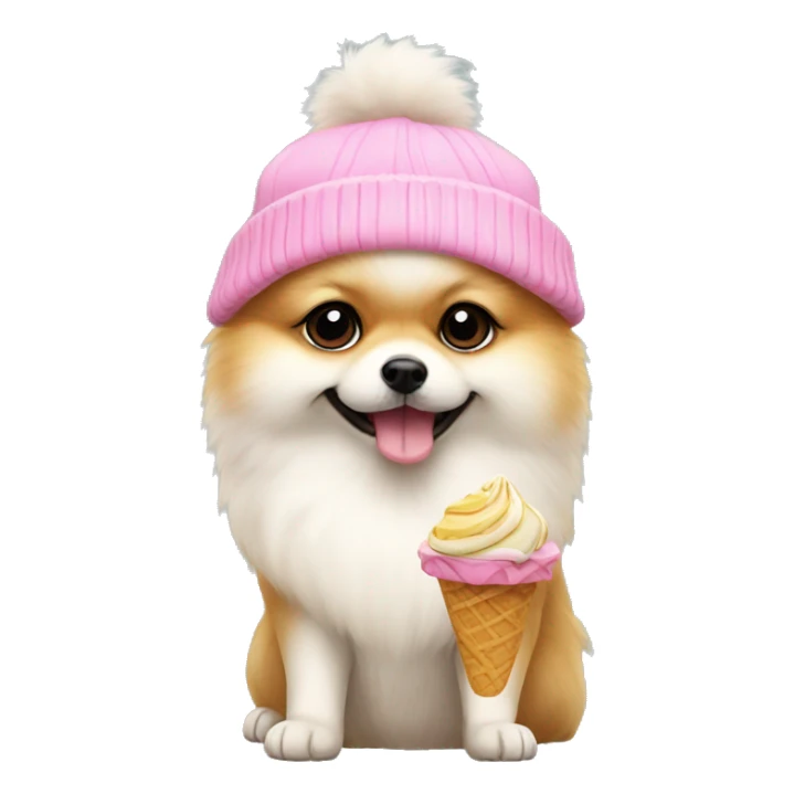 pomeranian eating an icecream and wearing a beanie pink sticker
