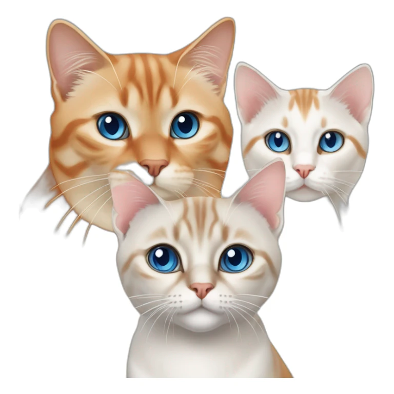 three cats, one lynx point siamese cat with blue eyes, one orange and white tabby cat, and one all orange cat with orange eyes sticker