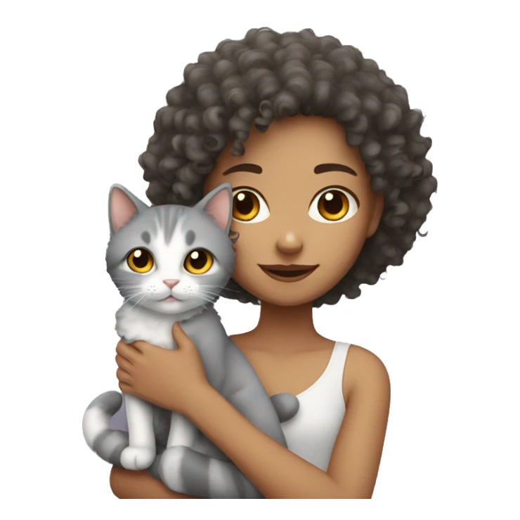 Curly haired girl with a grey and white cat sticker