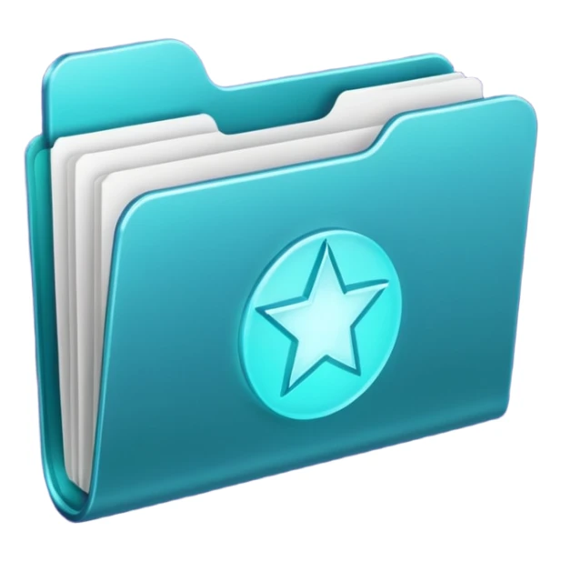 A minimalist glowing folder icon floating on a soft beige background, with subtle purple and teal lighting. The folder is slightly open, and a gentle magical light glows from inside — representing creativity and mystery. sticker