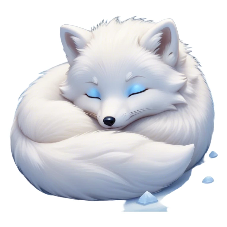 Meme-Worthy Cute Sleeping Arctic Fox Portrait Emoji, Head resting peacefully with a contented smile, showcasing a compact, agile build and a luxuriously soft white Fur with delicate icy blue accents, eyes shut in a serene, restful nap, Simplified yet hilariously adorable features, highly detailed, glowing with a soft, drowsy light, high shine, relaxed and utterly lovable, stylized with an air of playful laziness, bright and heartwarming, soft glowing outline, capturing the essence of a comically sleepy arctic fox, so meme-worthy it feels like it could instantly become the next viral sensation of adorable slumber! sticker