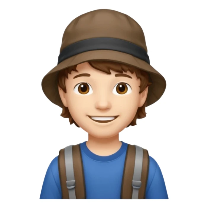 a young student boy with the backpack with bucket hat, brown wavy hair sticker