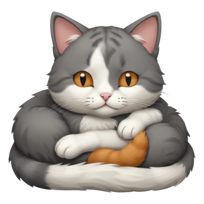 dark grey and white small cat with his eyes closed, leaning his head on his paw while leaning on his elbow lying down sticker
