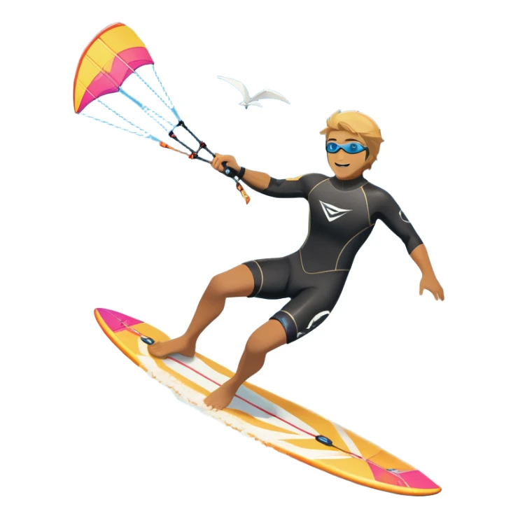 An athlete in a wetsuit riding a kiteboard, soaring over the sea waves with the kite high in the sky. The background features a vibrant blue sky and crashing ocean waves, capturing the thrill and freedom of kitesurfing in dynamic motion. sticker