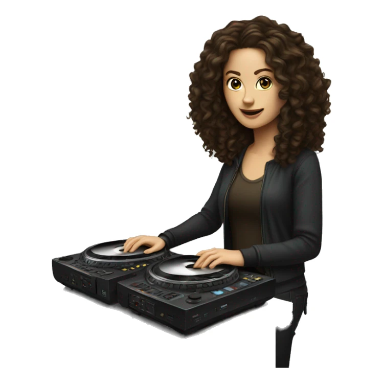 White woman with long dark brown curly hair DJing sticker