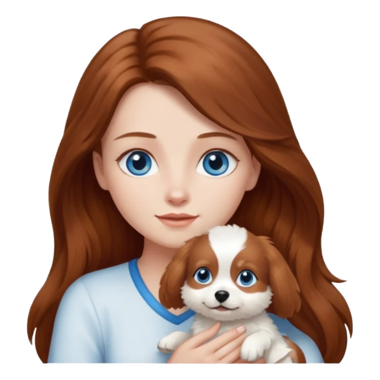 long hair chestnut color blue eyes woman holding small completely white dog sticker