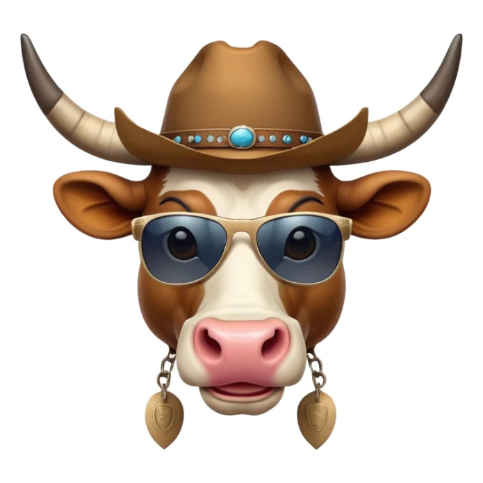 friendly anthropomorphised bull head with horns, wearing sunglasses and a cowboy hat sticker