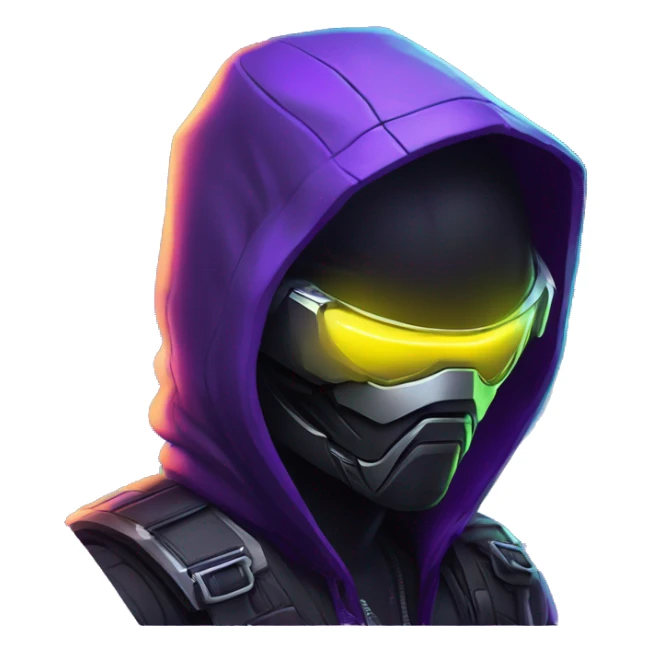 Side view developer behind his laptop with this style : crysis Cyberpunk Valorant neon glowing bright purple character purple violet black hooded assassin themed character sticker