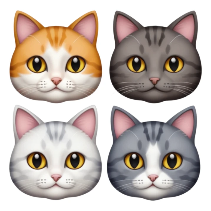 4 different coloured short haired cats including; a dark brown tabby and white cat, and a dark grey and white  sticker