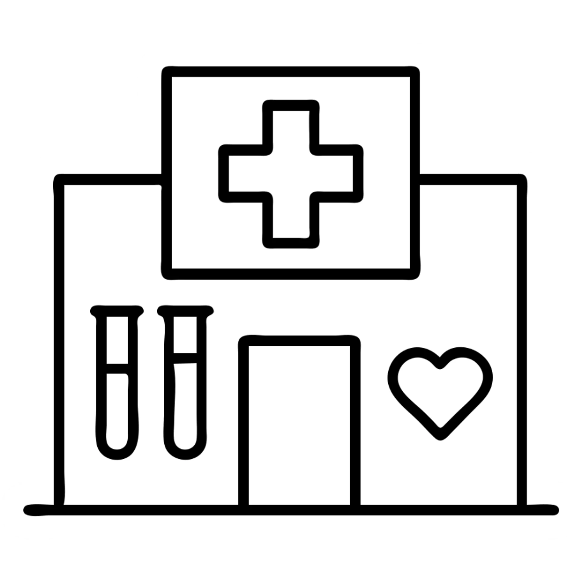 Modern clinic building facade with a red cross medical symbol, test tubes and a small heart icon, clean minimalist medical facility exterior sticker