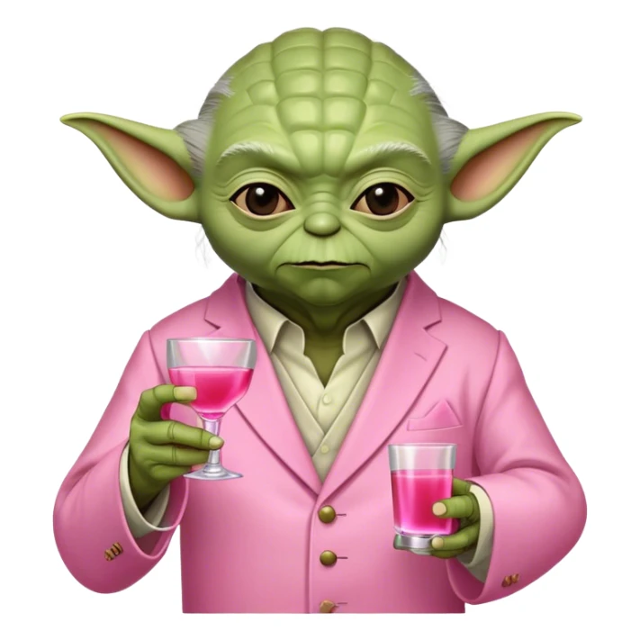 master yoda in pink suit holding pink tequila shot sticker