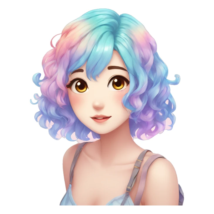 Gorgeous anime style shojo character with blushing face aesthetic and pretty colorful shiny gradient pastel hair trending style sticker