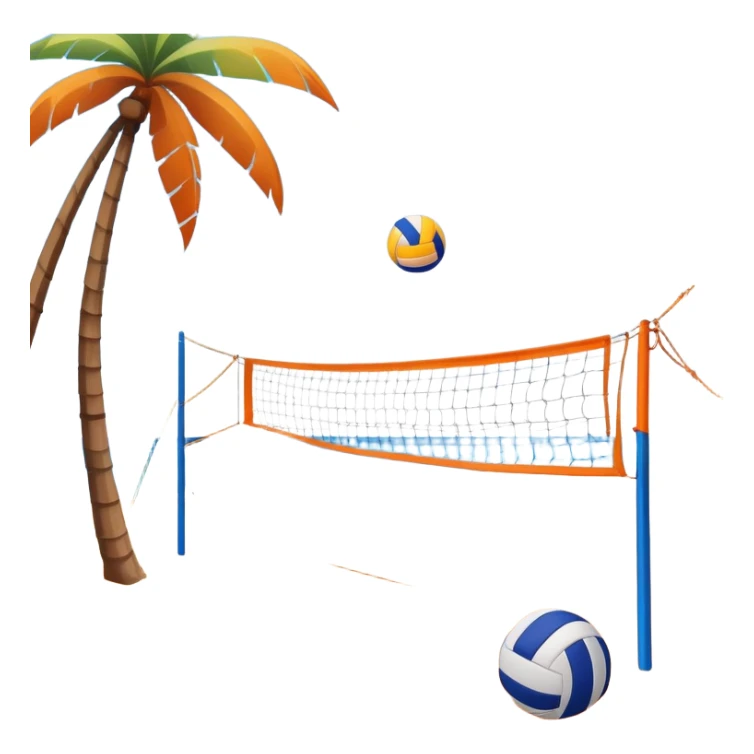 A volleyball resting on the orange sand ground of a beach, with a volleyball net in the background. The scene captures a sunny beach atmosphere with clear blue sea and sky, palm trees swaying, and people in swimsuits enjoying the vibrant surroundings sticker